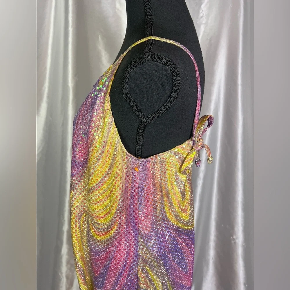 Asymmetrical Pink+Yellow Swirl One Shoulder Disco-Inspired Prom/Party Maxi Dress - Picture 7 of 8